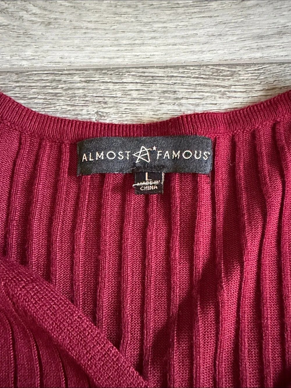 Almost Famous Burgundy V-Neck Ribbed Wrap Top with Sheer Puff Sleeves